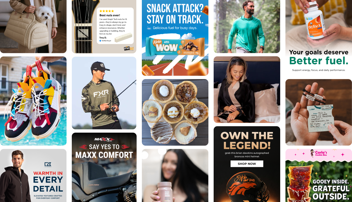 Collage of eCommerce performance creative examples used for paid social testing, product marketing, and campaign optimization.