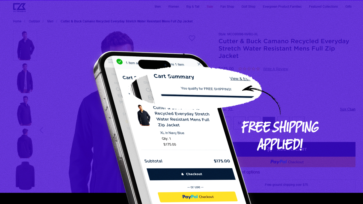 Free shipping threshold graphic showing an eCommerce cart reaching the required order value for free shipping.