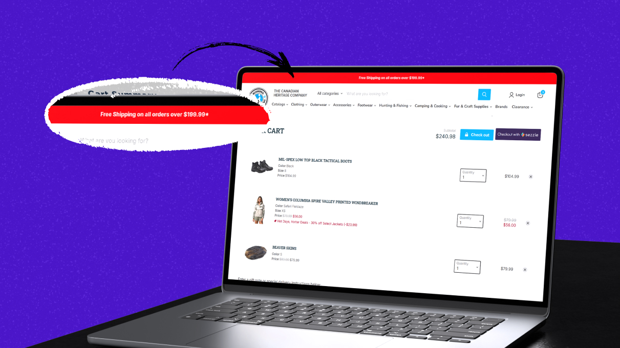 A product cart on a website showing a free shipping threshold.
