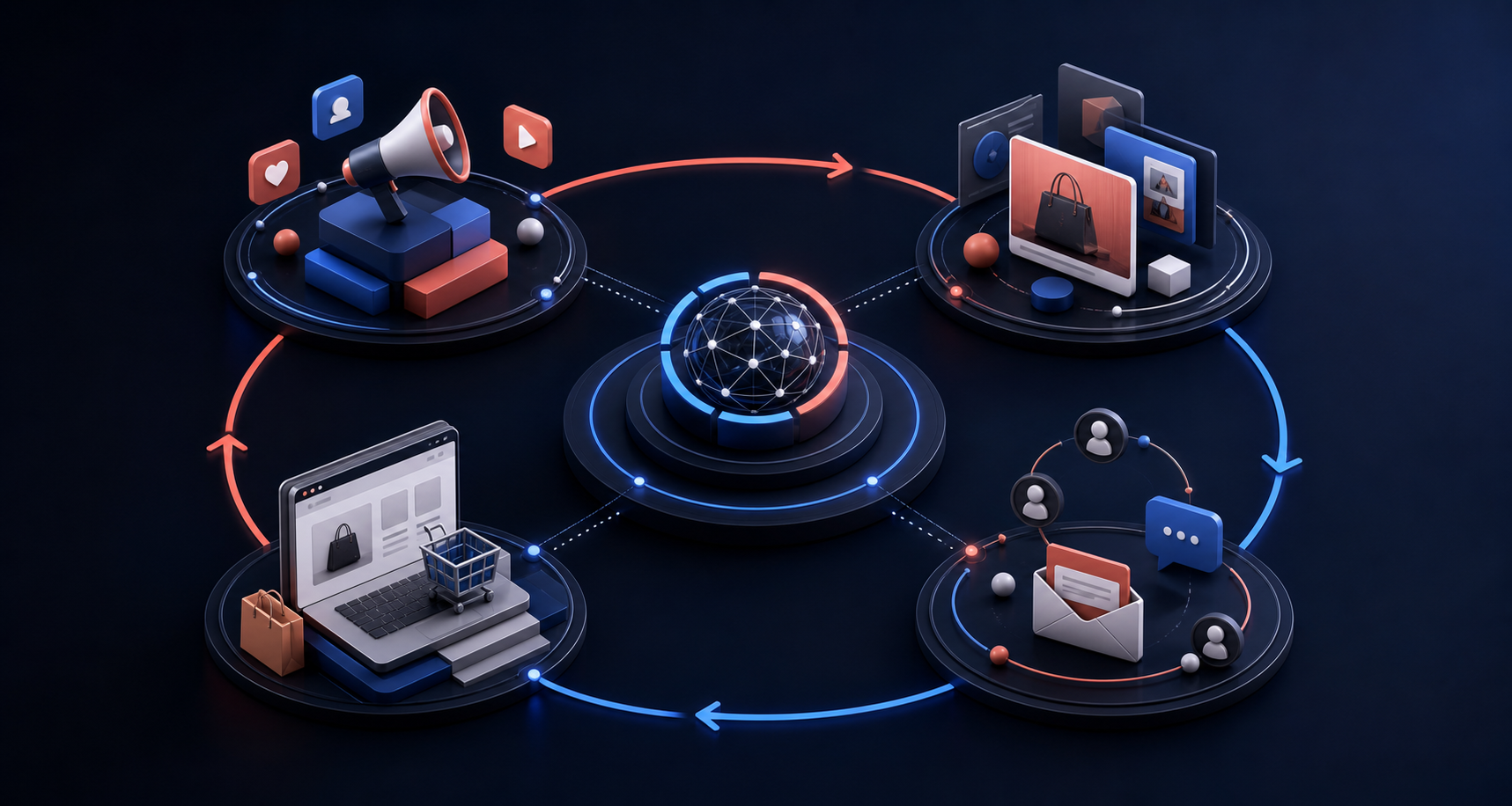 Four connected ecommerce growth systems for paid media, creative, Shopify conversion and retention