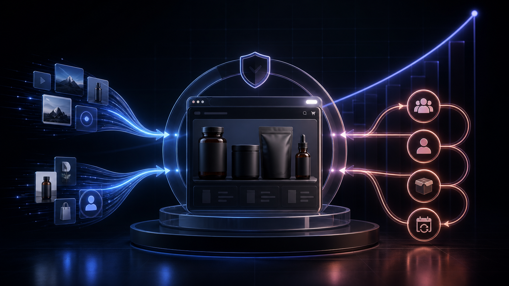 Unbranded supplement products in an ecommerce storefront connected to acquisition, retention and review workflows.
